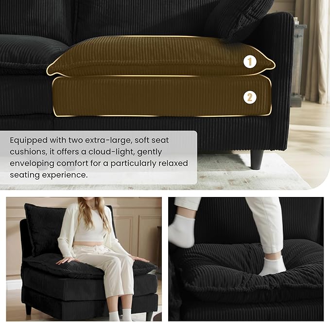Apicizon 143" Cloud Sofa Sectional, Modern Corduroy Cloud Sofa Set with Side Storage Pocket, Comfy Convertible Sleeper Couch with Chaise for Living Room, Apartment, Office, Black