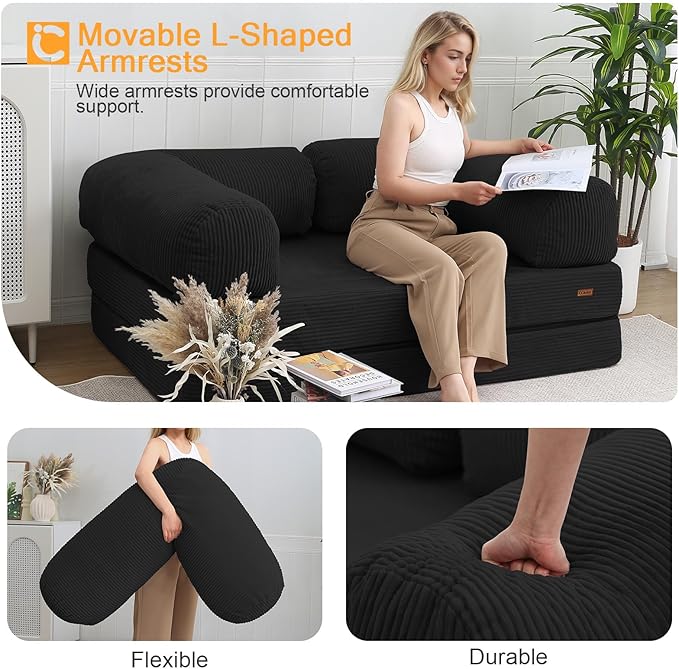 COMAX Futon Sofa Bed, 4-in-1 Floor Foldable Sofa Couch Bed with L-Shaped Armrests, Convertible Folding Chair Bed Sleeper Mattress Fold Out Lounge for Living Room Bedroom, Black