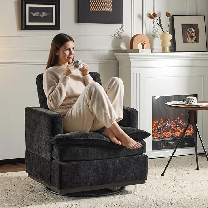 VINGLI 360° Swivel Mid-Century Modern Accent Armchair with Double-Layer Seat Cushions, Comfy Single Square Sofa, Upholstered Club Chair for Living Room,Bedroom, Reading Room, Chenille Black