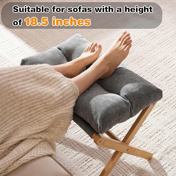 Folding Upholstered Footrest Stool, Small Accent Ottoman with Thick Cotton Cushion & Bamboo X Legs, Modern Padded Sofa Stool for Makeup Bedroom Living Room, Grey