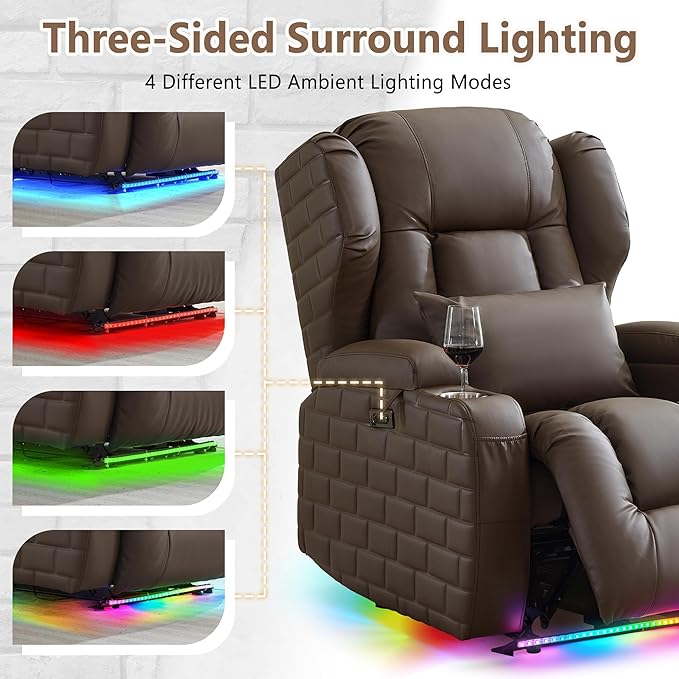 Wall Hugger Power Recliner Chair with Heat and Massage, Overstuffed Reclining Sofa Chair for Living Room Home Theater RV with 3-Side LED Lights/Cup Holders/USB & Type C Port (Coffee)