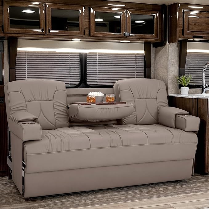 Qualitex De Leon Console SL RV Sofa Bed, 74" Wide, Ulitmate Leather, Light Antelope