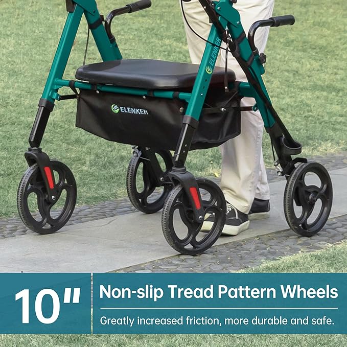 ELENKER Heavy Duty Upright Walker with Extra Wide Padded Seat and Backrest, Aluminum Bariatric Stand Up Rolling Walker, 10” Wheels, Fully Adjustment Frame, Support up to 500 lbs for Seniors, Green