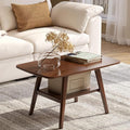 Wayshome 100% Solid Oak Wood Coffee Table for Living Room, 2-Tier Small Table with Storage Shelf, Mid Century Modern Coffee Tables (Walnut, 31.49" x 19.68" x 17.32")