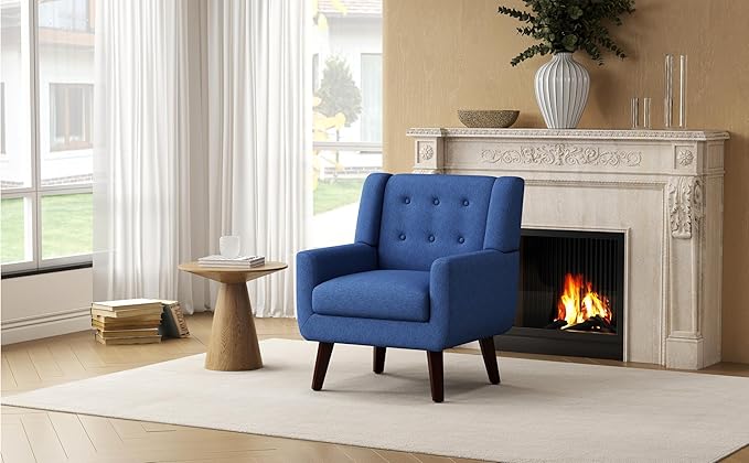 Accent Chairs, Mid-Century Modern Upholstered Living Room Armchair, Comfy Oversized Linen Fabric Single Reading Arm Chair with Tufted Back and Wood Legs for Bedroom, Club (1, Navy)