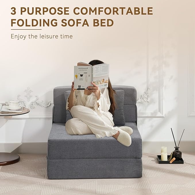 Folding Sofa Bed Convertible Floor Couch Foldable Chair Bed with Pillow，Linen Sleeper Chair Futon,Foldable Memory Foam Mattress for Bedroom/Living Room/Dorm/Office (Dark Grey, Single)