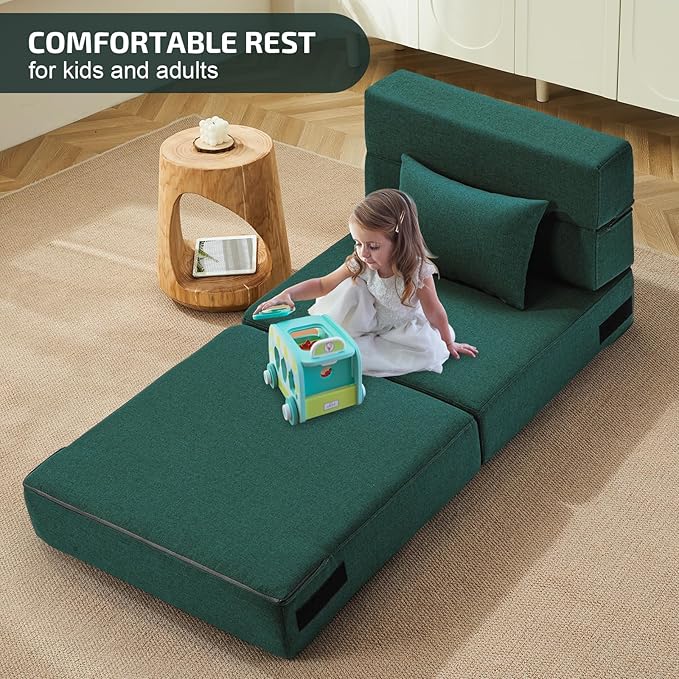 Folding Sofa Bed with Pillow- Convertible Chair Floor Couch & Sleeping Mattress, Foldable Memory Foam Sleeper for Living Room/Dorm/Guest Room/Home Office/Apartment/Loft, Single26, Dark Green