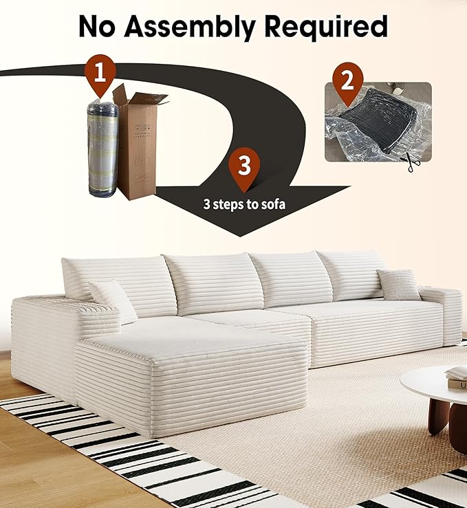 AUGOP 136" Sectional Couches for Living Room Modern Modular Sofa with L-Shape Couchs Upholstered Boneless Couch Deep Seat Sectional Couch with Chaise (White, Left Facing Chaise+3Seaters)