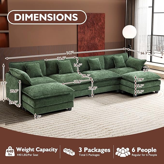 Ihanherry 146" U-Shaped Modern Sofa Modular Sectional Cloud Couch with 2 Ottoman, 6-Seat Chenille Deep Seat Sofa with 6 Pillows for Living Room, Bedroom and Apartment, Green