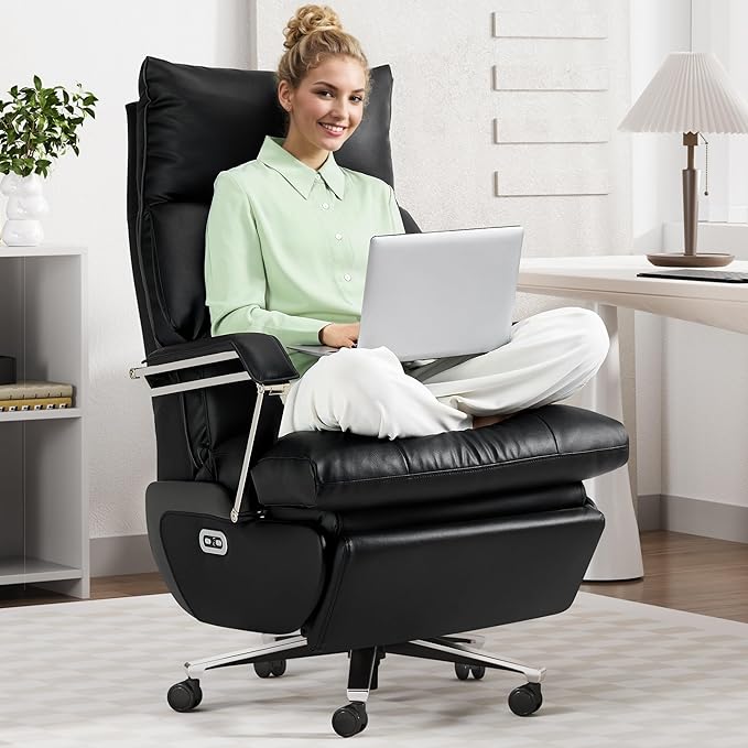 M80 Dual Motor Electric Executive Office Chair with Footrest, Comfortable Reclining Office Chair Wide Seat, Big and Tall Ergonomic Leather Home Office Desk Chair (Black,No Massage)