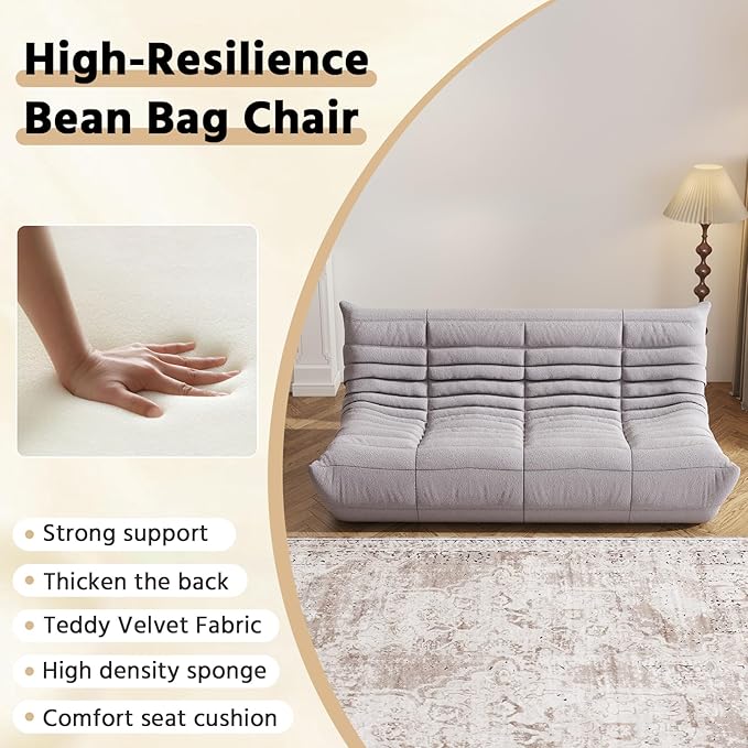 Bean Bag Chair, Fireside Chair, Large Bean Bag Chair for Adults, Bean Bag Chairs for Teens with High-Resilience Foam, Non-Slip Base Floor Lounge Sofa,Living Room (Gray, 3-Seater)
