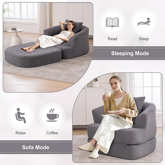 Oversized Convertible Sleeper Chair, Convertible Couch Bed with Backrest and Pillow, Corduroy Oversized Armchair for Adults, Comfy Sleeper Chair Bed for Living Room, Bedroom, Home Office, Grey