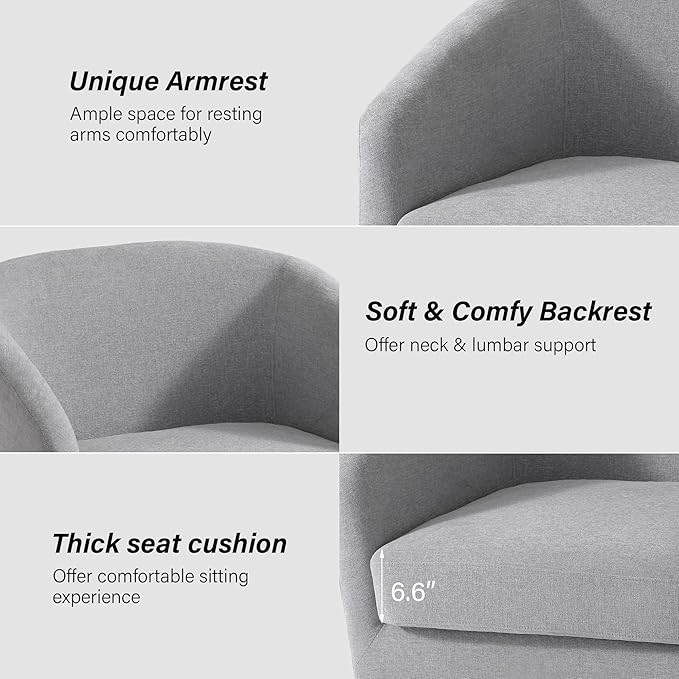 Swivel Barrel Chair, Modern Round PU Leather Accent Armchair for Living Room, Bedroom, Oversized Comfy Club Reading Chairs for Adults (Chenille Light Grey, Set of 2)