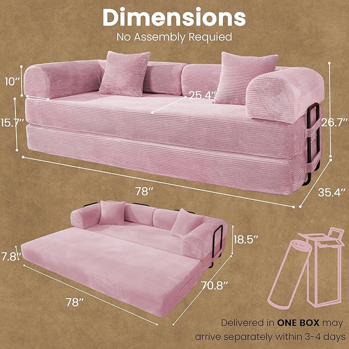 Convertible Sleeper Sofa Bed, 78" Corduroy Foldable Boneless Modular Couch, Memory Foam Compressed Sofa in A Box W/Plush Fabric Comfy Floor Lounge Couch for Living Room Apartment Bedroom, Pink