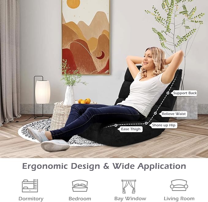 Floor Chair with Back Support, Foldling Gaming Sofa Chair with Comfy Cushion, Adjustable 14-Position Meditation Chairs, Lazy Lounge Recliner Reading Seat for Adults, Kids (Black)