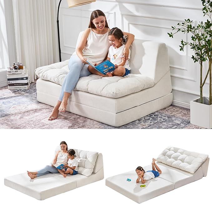 Hobestluk Sofa Couch Folding Sofa Bed Sleeper Comfy Floor Lounger Loveseat Sofa with Removable Cushion Couches Foldable Mattress for Living Room Bedroom or Office (Chenille Beige, Oversize)
