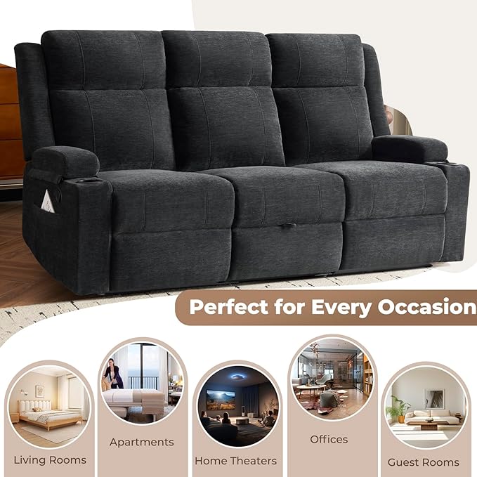 PALLOME Chenille Reclining Sofa 3-Seater with Convertible Table, Storage Ottoman & Cup Holders | Modern Space-Saving Couch, Ergonomic Living Room Furniture (Black)