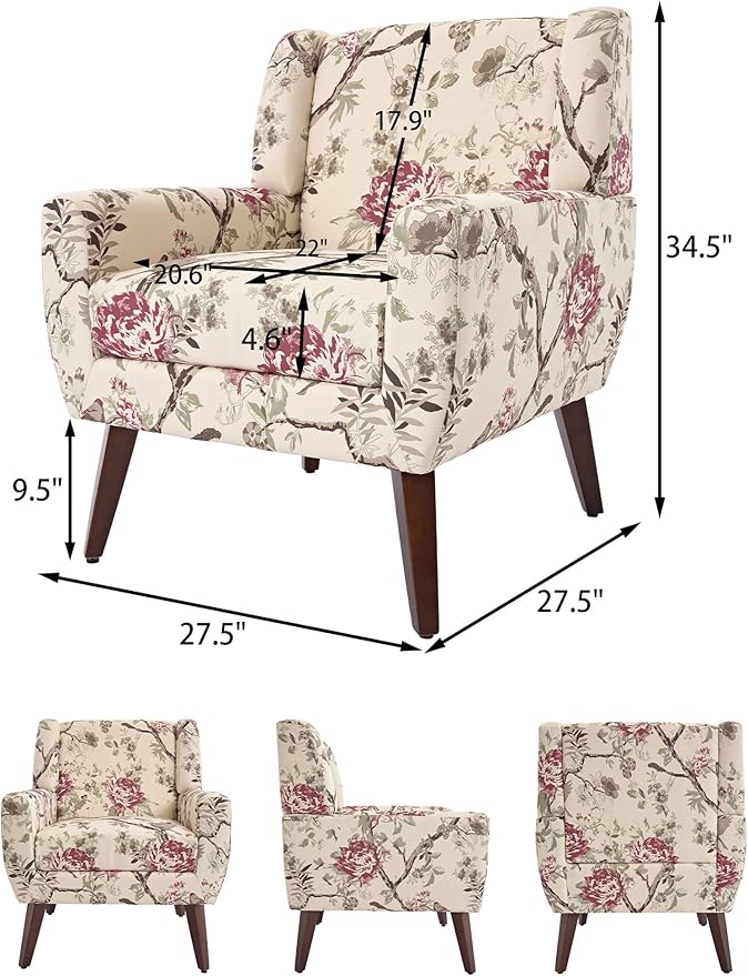 DREAMSIDEA Accent Chair, Modern Linen Blend Arm Chair for Living Room, Bedroom, Comfy High-Resilient Sponge Reading Chair for Small Spaces (Pattern Red Floral, Set of 2)