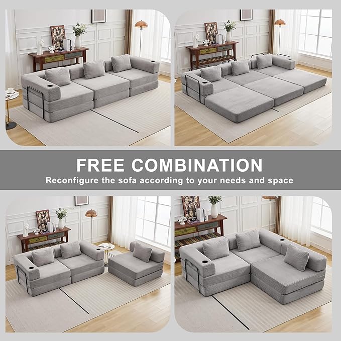 118" Oversized Convertible Sofa Bed, Modular Sectional Sofa with Cup Holder, Boneless Cloud Couch with Pillow Back & Armrest, Fold Out Floor Sofa for Living Room Bedroom Lounge, Corduroy, Light Grey