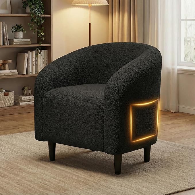 Modern Accent Barrel Chair, Comfy Teddy Fabric Club Armchair with Side Pocket, Easy Assembly Living Room Corner Chair for Bedroom, Office, Reception Space