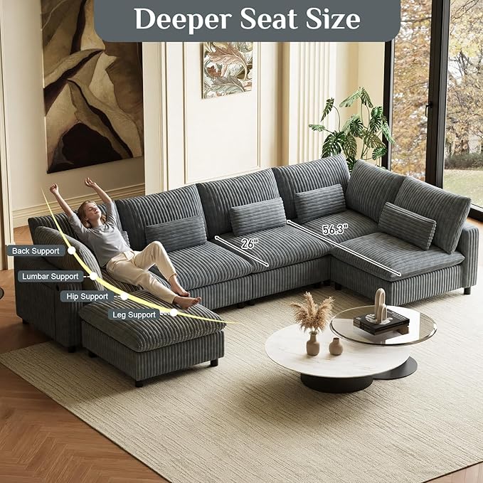130" W x 67" D U Shape Sectional Sofa with USB Charging & Cup Holder & Storage, 6 Seater Plush Corduroy Couches with Movable Ottoman, Cloud Couch Sofas for Living Room, DIY Combination - Dark Grey