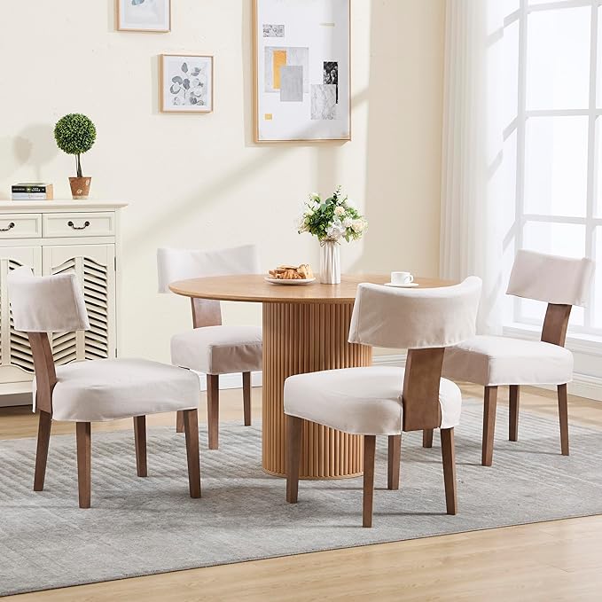 RIVOVA Linen Dining Chairs Set of 4 with Seat Covers, Modern Dining Chairs with Wood Legs, Farmhouse Fabric Upholstered Dining Room Kitchen Side Chairs, Beige