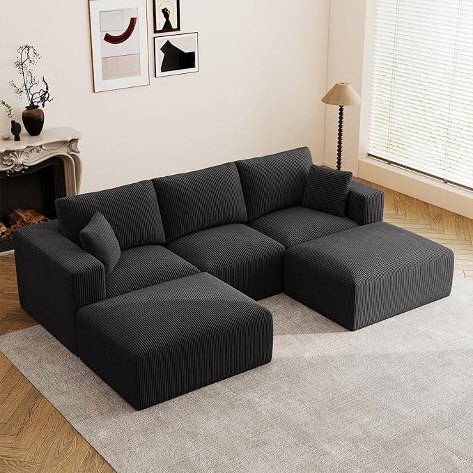 110" Modular Sectional Sofa, Cloud Couch U Shaped Memory Foam Boneless Couch with Ottoman, Cozy 3 Seater Corduroy Floor Couch, No Assembly Required Living Room Furniture for Apartment, Black
