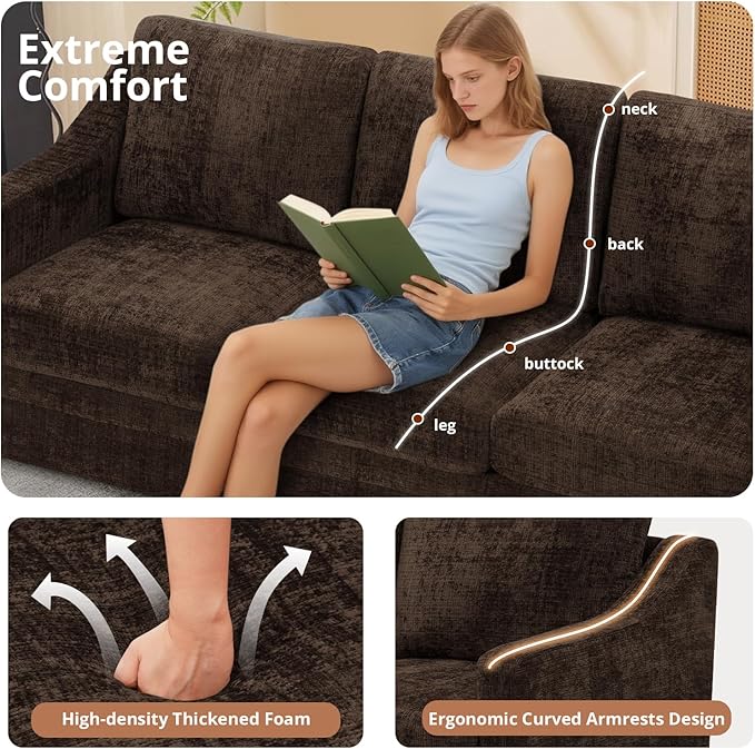 ACMEASE 2 Pieces Chenille Sofa Sets w/Comfortable Back Cushions, Modern Loveseat & Sofa w/Deep Seat Space, Upholstered 2 Seat & 3 Seats Couch Sets w/High Resiliency Foam for Living Room, Office Brown