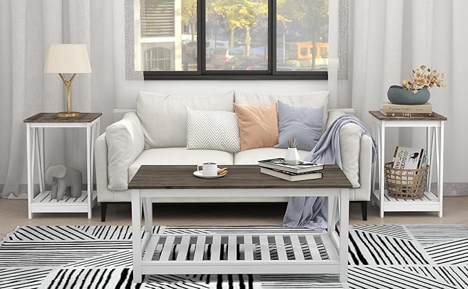 UYIHOME Farmhouse Coffee Table and End Table Set for Living Room, 2-Tier Wooden Living Room Table Set with Slats Base, Dark Oak