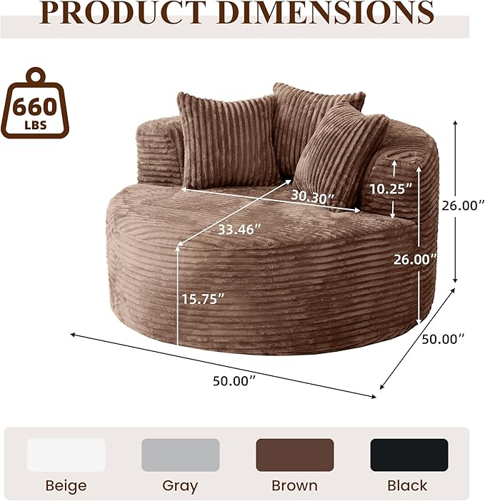 WJShome Oversized Round Chaise Lounge Chair Indoor, Modern 50-inch Upholstered Corduroy Deep Seat Circle Single Foam Couch,Cloud Lounge Floor Sofa Chair for Living Room, Brown