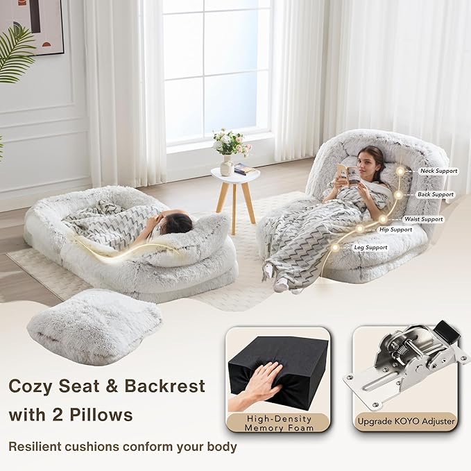Foam Filled Bean Bag Chair for Adults with 2 Pillows, Upgraded Adjustable Human Dog Bed for Adults Comfy Lazy Floor Sofa Folding Chair with Washable Cover for Living Room Bedroom, White Furry