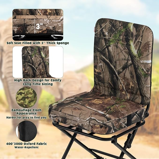GYMAX Hunting Chair, 360 Degree Swivel Hunting Blind Chair w/ 3’‘ Oversized Duck Feet & Camo Padded Cushion, 330 LBS Silent Waterproof Rustproof Folding Ground Blind Hunting Seat Stool for Outdoors