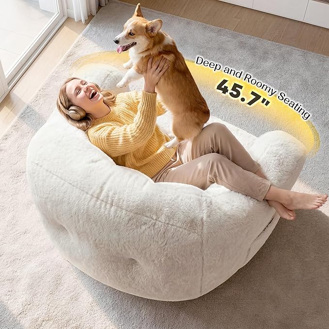 Homkdom Bean Bag Chair, Giant Bean Bag Chair for Adults, Shell-Shaped Bean Bag Couch with Armrests & Side Pockets, Comfy Beanbag Lazy Couch Reading Chair for Bedroom, Living Room, Beige