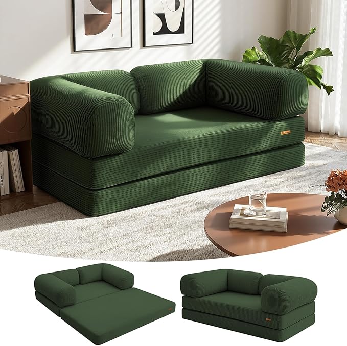 COMAX Futon Sofa Bed, 4-in-1 Floor Foldable Sofa Couch Bed with L-Shaped Armrests, Convertible Folding Chair Bed Sleeper Mattress Fold Out Lounge for Living Room Bedroom, Green