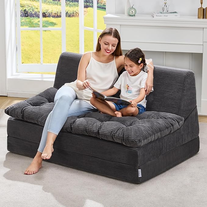 Hobestluk Sofa Couch Folding Sofa Bed Sleeper Comfy Floor Lounger Loveseat Sofa with Removable Cushion Couches Foldable Mattress for Living Room Bedroom or Office (Cordury Grey, Oversize)