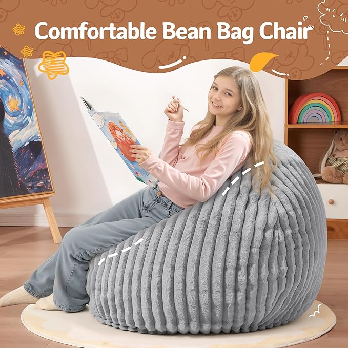 Homguava 2FT Bean Bag Chair, 2' Small Bean Bags with Memory Foam Filled, Beanbag Chairs with Machine Washable Cover Dutch Corded Plush Cover for Classroom,Living Room,Bedroom-Light Grey