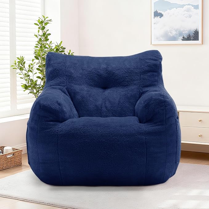 Bean Bag Chair, Comfy Bean Bag Sofa with Armrests & Back Support, Shredded Foam Filled Floor Couch for Adults, Fluffy Cloud Chair for Bedroom/Dorm/Reading, Single, Blue