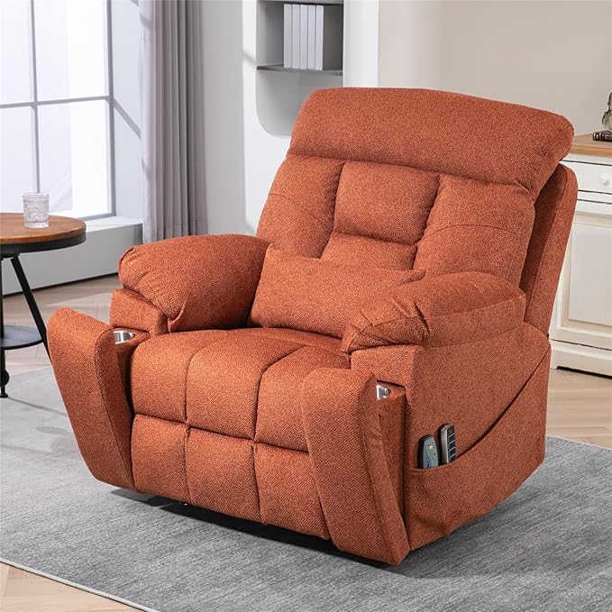 4-Motor Power Lift Recliner Chair for Elderly, Oversized Lay Flat Recliner with Heat and Massage, Adjustable Headrest Lumbar Heat Hidden Cup Holder for Big Man 400lbs (Orange Chenille)