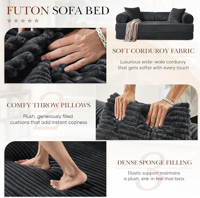 Modular Couch Bed, Convertible Folding Plush Corduroy Comfy Floor Memory Foam Compression Loveseat Sleeper Sofa Couch, King Size Bed for Guest Room Living Room Bedroom, No Assembly Required, Dark Grey