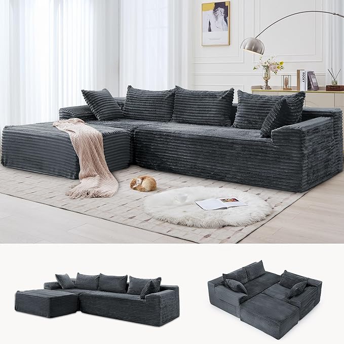 Korser 110" Sectional Couches for Living Room, Modular Sectional Sofa with L-Shape Chaise, Cloud Couch, Comfy Corduroy Fluffy Couch with Deep Seat and Side Pockets