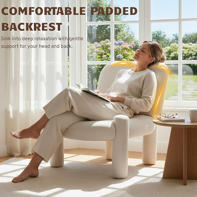 Wahson Modern Beige Accent Chair, Chenille Fabric Upholstered Single Sofa with Padded Back & Solid Wood Legs, Comfy Reading Chair Side Chair for Living Room/Bedroom/Corner, Areless