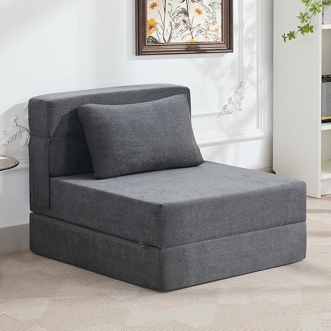 Folding Sofa Bed Convertible Floor Couch Foldable Chair Bed with Pillow，Linen Sleeper Chair Futon,Foldable Memory Foam Mattress for Bedroom/Living Room/Dorm/Office (Dark Grey, Single)