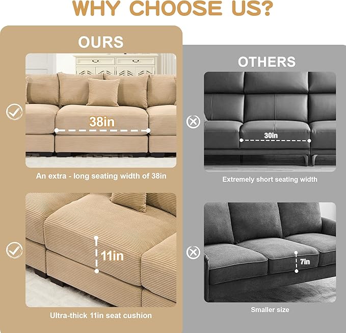 KEIKI 138" U-Shaped Oversized Corduroy Modular Cloud Sectional Sofa with 1 Ottoman, High-Density Foam Cushion, Extra-Thick Armrest, 6-Seater Fluffy Corner Couch with 20 Pillow, for Living Room, Camel
