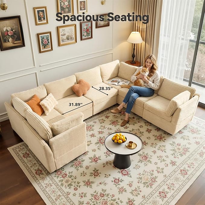 CAODOC Large 7 Seat Modular Sectional Sofa with Ottoman Seat Corduroy Sleeper Sectional Sofa Bed Oversized Convertible Modular Couch for Living Room