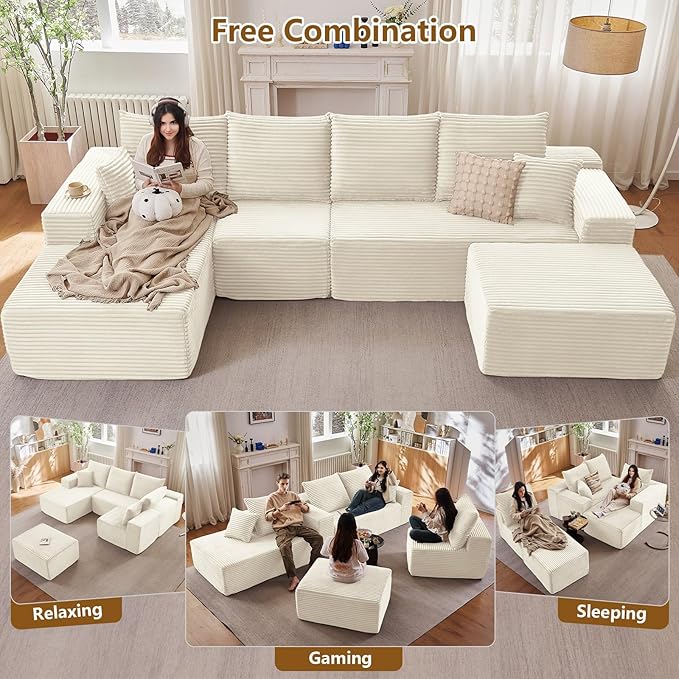 Lakifun 135" L-Shape Sofa with Ottoman, Modern Modular Sectional Comfy U-Shape Cloud Couch, Deep Seat, Upholstered Corduroy Sleeper Chaise Longue for Living Room Bedroom, No Assembly Required, White