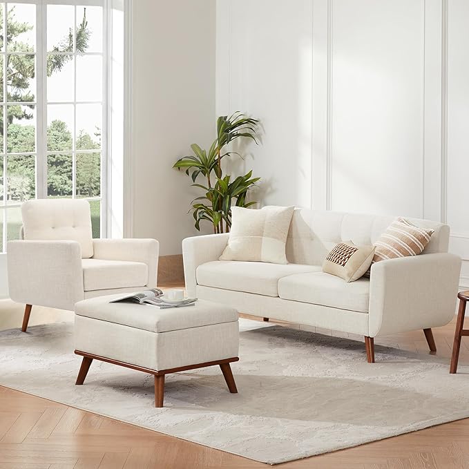 Tbfit Linen Fabric Single Sofa, Accent Chair, Mid Century Modern Armchair for Living Room, Bedroom Button Tufted Upholstered Comfy Reading Sofas, Beige | linen fabric, button tufted, solid wood foot, pocket spring, wood slats frame