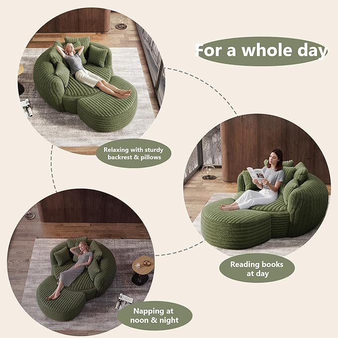 Oversized Chaise Lounge Chair Indoor with Ottoman 50.5" W x 67.0" D Round Soft Corduroy Comfy Oversized Reading Chair with 5 Pillows for Living, Reading Room - Olive Green