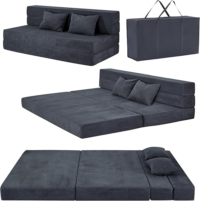 HILERO Folding Sofa Bed, 4 in 1 Convertible Sleeper Chair with Pillow, Queen Memory Foam Fold Out Chair Bed, Modern Floor Futon Sofa Couch Mattress for Living Room/Guest/Apartment, Dark Grey