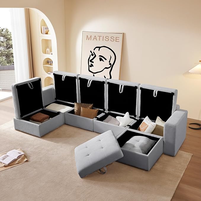ORRD Oversize Modular Sectional Couch, Convertible U Shaped Sofa with Storage, 6 Seater Sofa Modular with Ottomans and Reversible Chaise for Living Room, Office (Grey)
