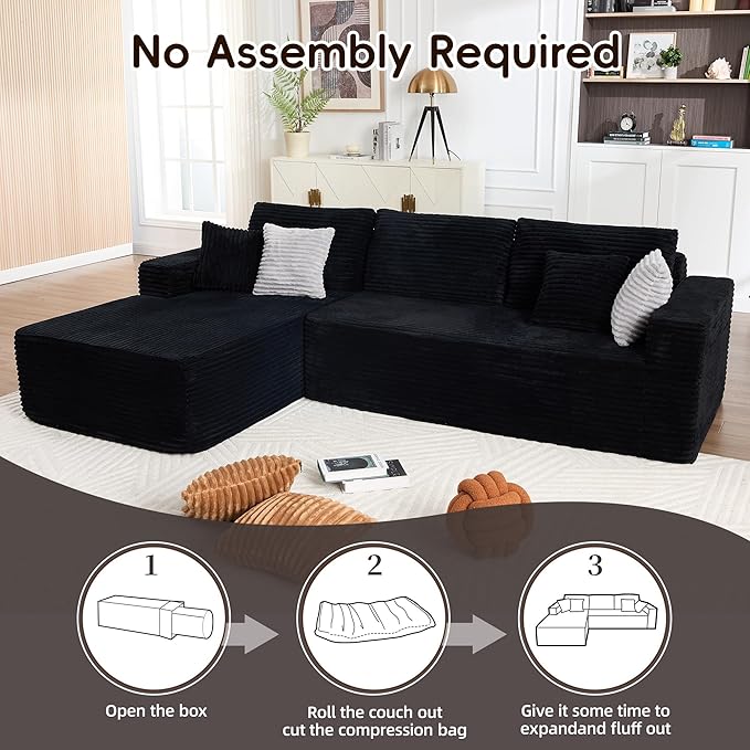 Opiesit 108" Boneless Couches for Living Room, Modular Sectional Sofa with Oversized Chaise, L-Shape Cloud Couch with Deep Seat, High-Density Memory Foam, No Assembly Required, Plush Corduroy Black